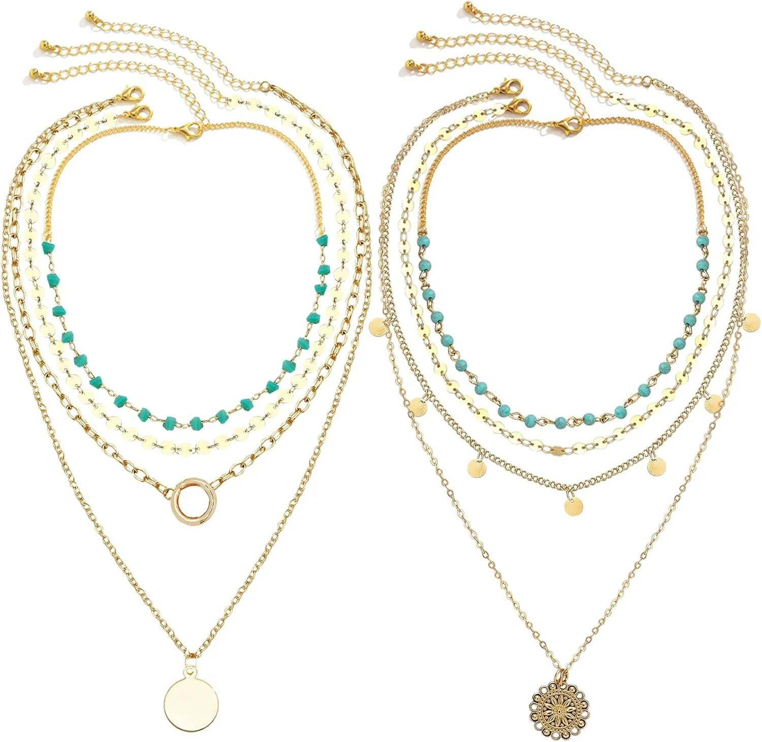 NEWITIN 8 Pieces Gold Layered Necklaces for Women Turquoise Bead Necklace Dainty Stackable Necklace Multilayered Bohemian Chain Necklaces for Women