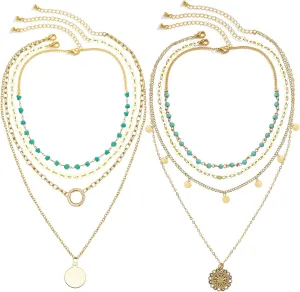 NEWITIN 8 Pieces Gold Layered Necklaces for Women Turquoise Bead Necklace Dainty Stackable Necklace Multilayered Bohemian Chain Necklaces for Women