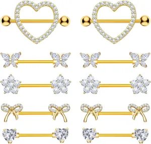 Nipple Rings - Surgical Stainless Steel Gold Silver Pink Blue Purple CZ Heart Butterfly Flower Bow Jewelry - 14 Gauge Nipple Bars and Barbells