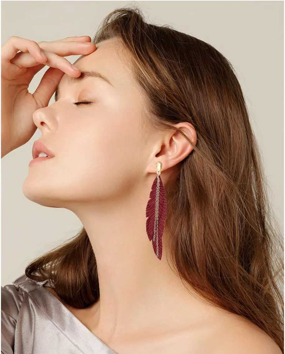 NVENF Feather Tassel Dangle Earrings for Women Bohemian Faux Leather Plume Gold-tone Metal Chain Fringe Statement Drop Earrings Vintage Ethnic Style Jewelry