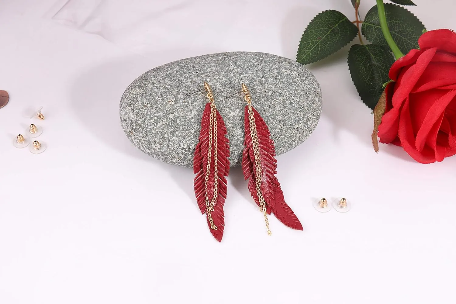 NVENF Feather Tassel Dangle Earrings for Women Bohemian Faux Leather Plume Gold-tone Metal Chain Fringe Statement Drop Earrings Vintage Ethnic Style Jewelry
