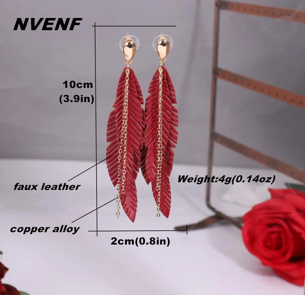 NVENF Feather Tassel Dangle Earrings for Women Bohemian Faux Leather Plume Gold-tone Metal Chain Fringe Statement Drop Earrings Vintage Ethnic Style Jewelry