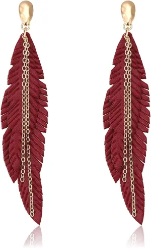 NVENF Feather Tassel Dangle Earrings for Women Bohemian Faux Leather Plume Gold-tone Metal Chain Fringe Statement Drop Earrings Vintage Ethnic Style Jewelry