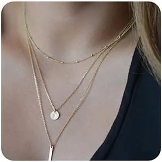 Octwine Boho 3 Tier Sequins Layered Necklaces for Women Multilayer Adjustable Dainty Simple Punk Chain Gold Silver Layered Choker Necklaces for Women (Gold)