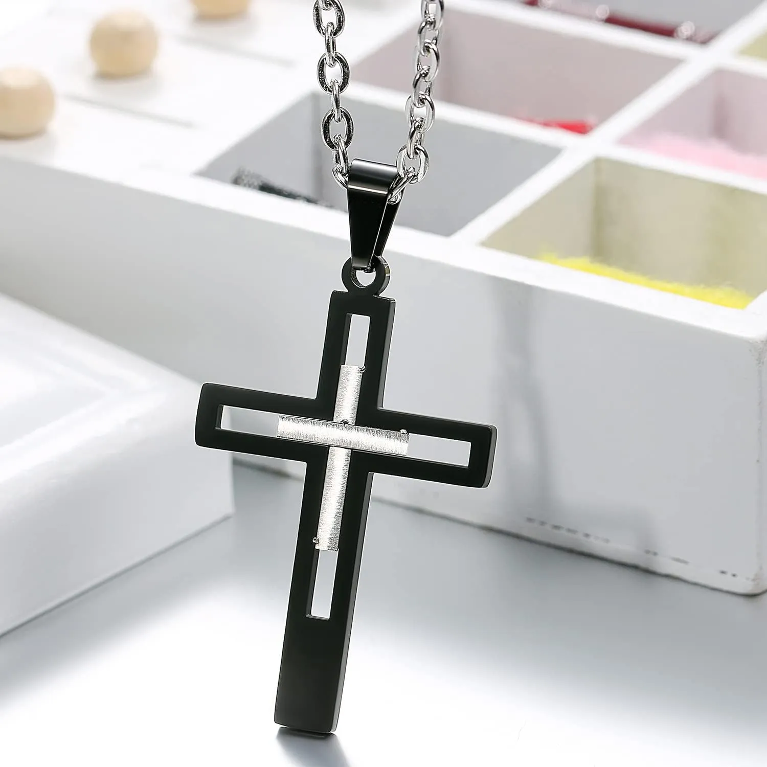 OIDEA Stainless Steel High Polish Hollow Openwork Cross Pendant Necklace for Men Women, Hypoallergenic, Silver, Gold, Black, Blue