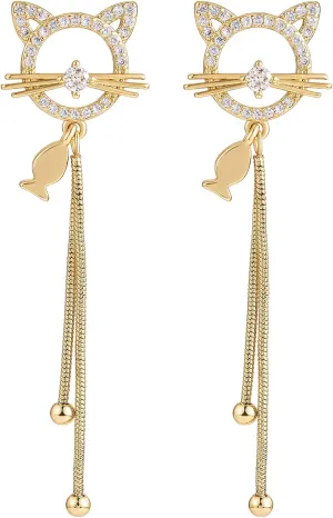 Ornaland Dangle Earrings Tassel for Women 18K Gold Plated Clear Cubic Zirconia Cat and Fish Studs Earrings Jewelry Gift for Women