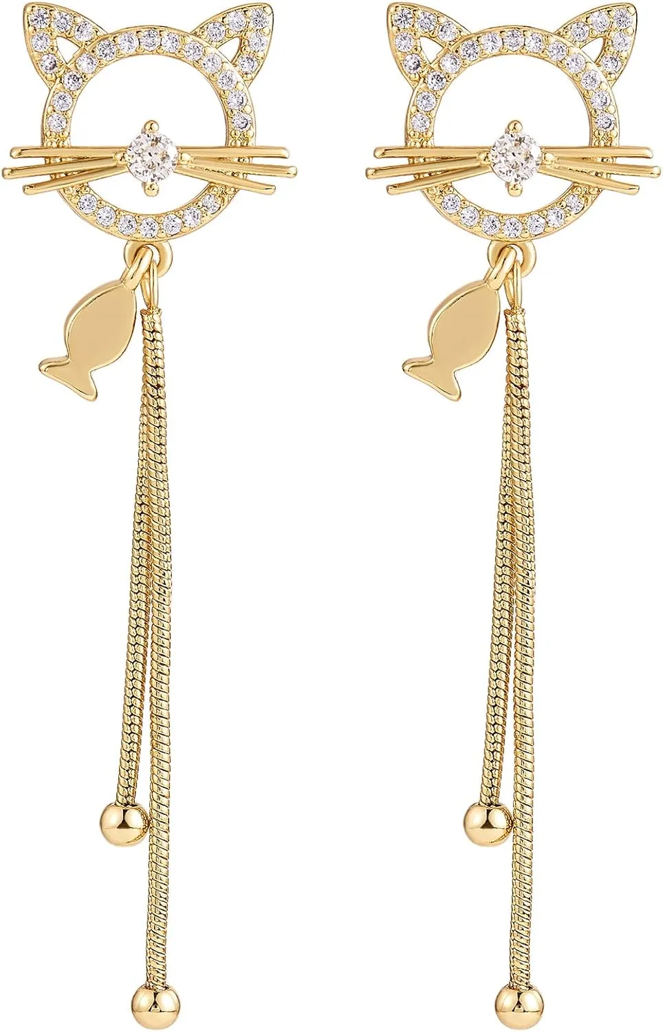 Ornaland Dangle Earrings Tassel for Women 18K Gold Plated Clear Cubic Zirconia Cat and Fish Studs Earrings Jewelry Gift for Women