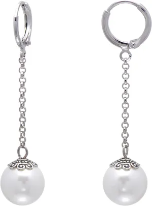 Paialco 12mm Faux Pearl Earrings Hypoallergenic Leverbacks Chain Dangling Ball Earrings for Women, White