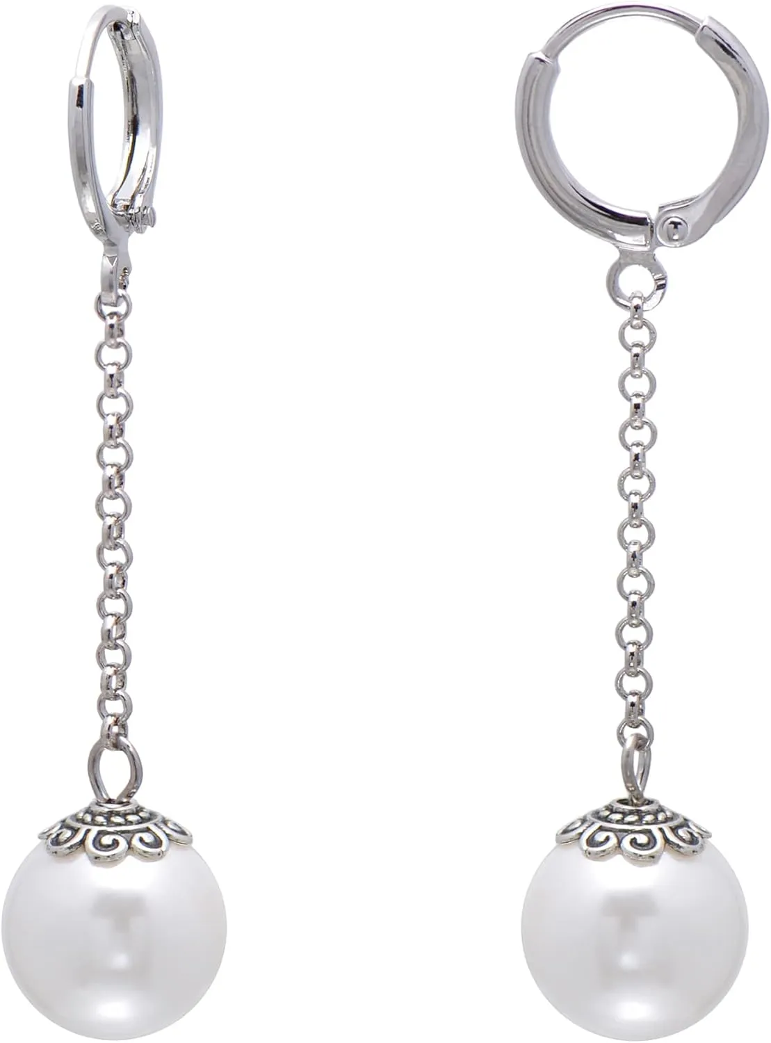 Paialco 12mm Faux Pearl Earrings Hypoallergenic Leverbacks Chain Dangling Ball Earrings for Women, White