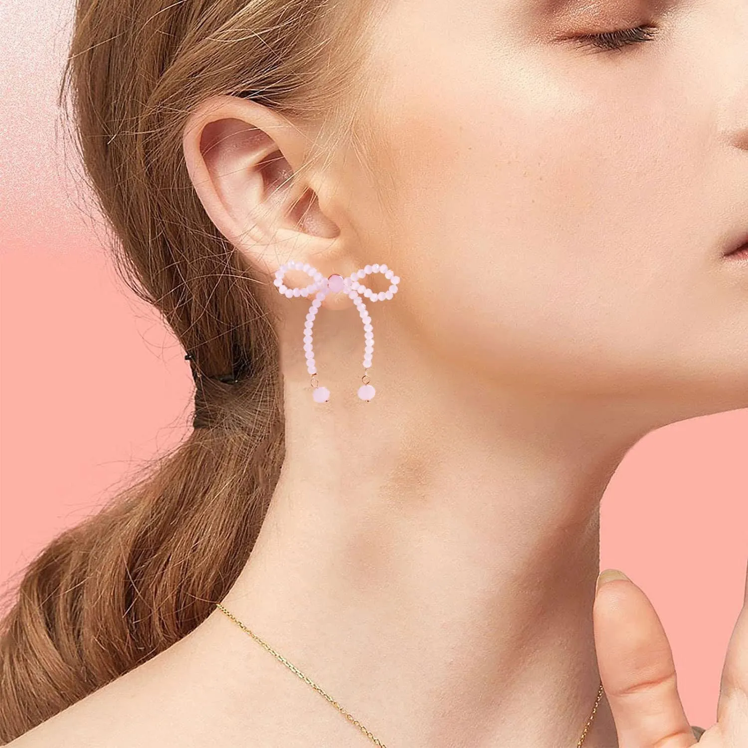 Pearl & Crystal Bow Knot Tassel Dangle Earrings - Dainty Gold Bow Ribbon Stud Earrings for Women