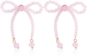 Pearl & Crystal Bow Knot Tassel Dangle Earrings - Dainty Gold Bow Ribbon Stud Earrings for Women