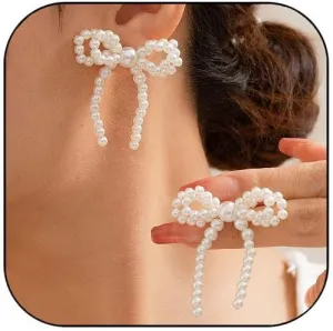 Pearl Bow Tassel Dangle Drop Earrings - Statement Earrings for Party, Holiday & Gifts