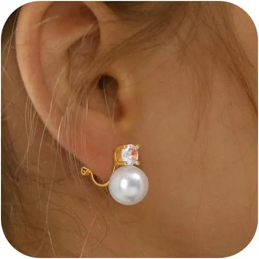 Pearl Clip on Earrings for Women 14K Gold Silver Plated Pearl Earrings Cubic Zirconia Non Pierced Earrings for Women Jewelry Gifts Wedding Party