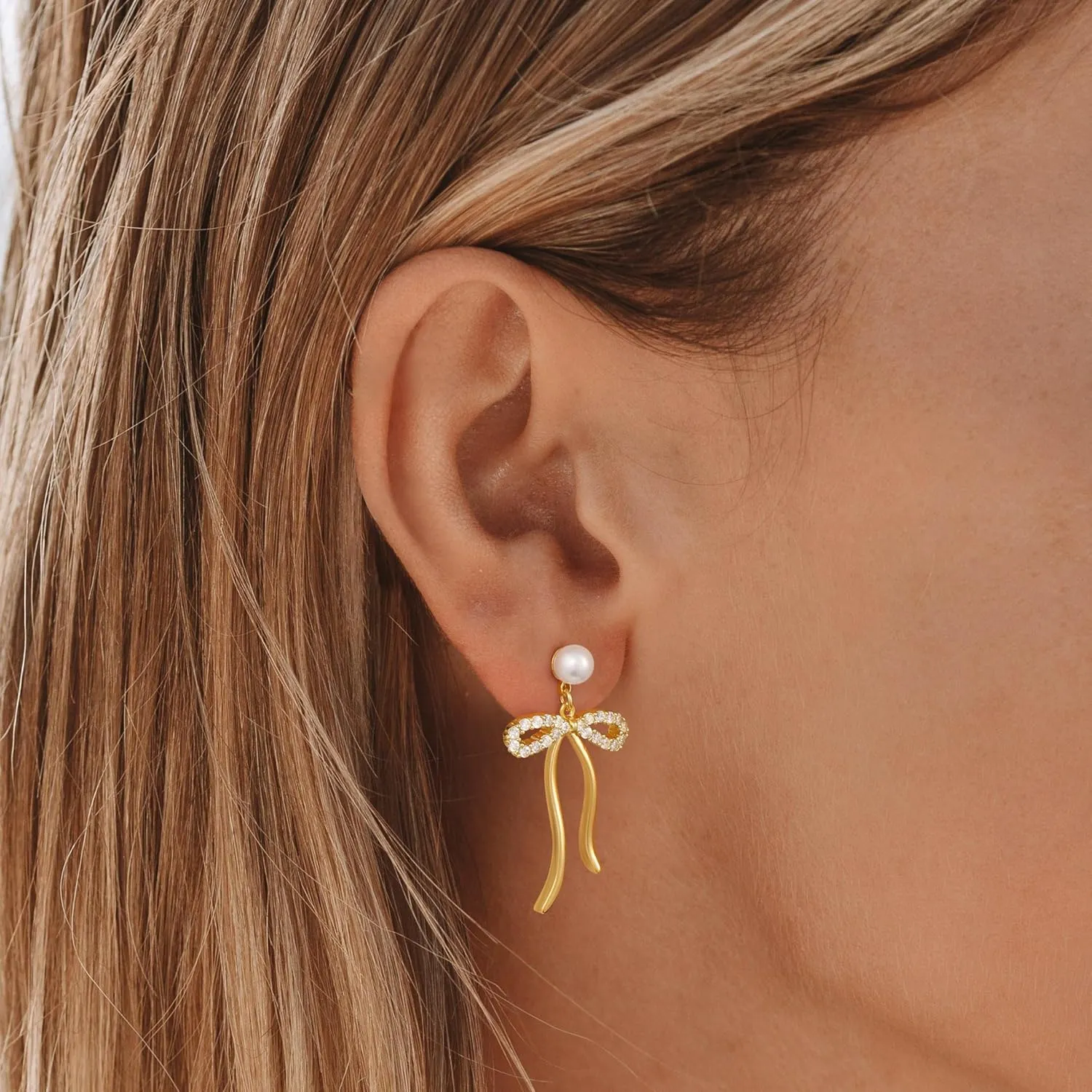 Pearl Earrings - 14K Gold Hoop Dangle Earrings for Women With Zircon Bow, Teardrop, and Leaf | Trendy Jewelry