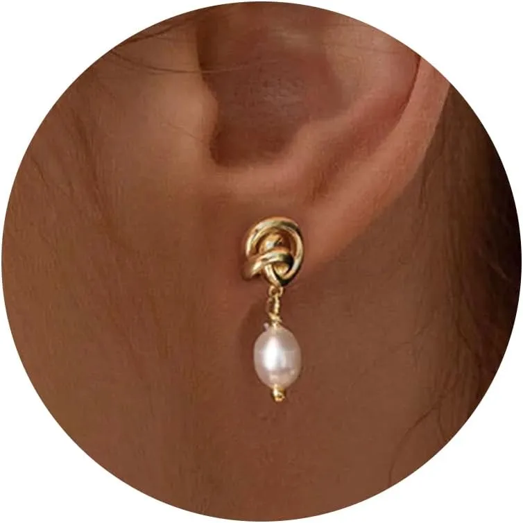 Pearl Earrings: 14k Gold-plated Dainty Pearl Drop Dangle Huggie Hoop Earrings for Women