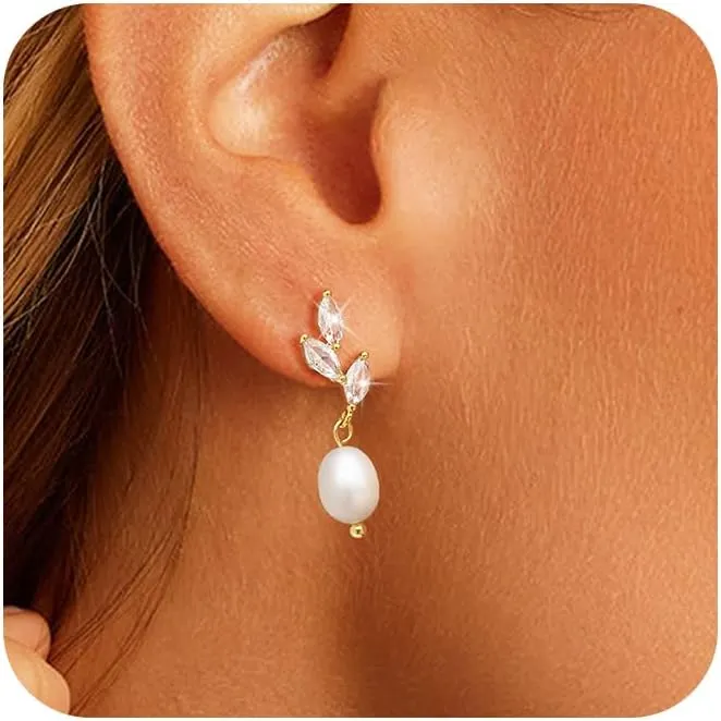 Pearl Earrings for Women - Dainty Gold Earrings Trendy 14K Gold Plated Freshwater Pearl Dangle Hoop Stud Earrings for Women Wedding Jewelry Gift for Women