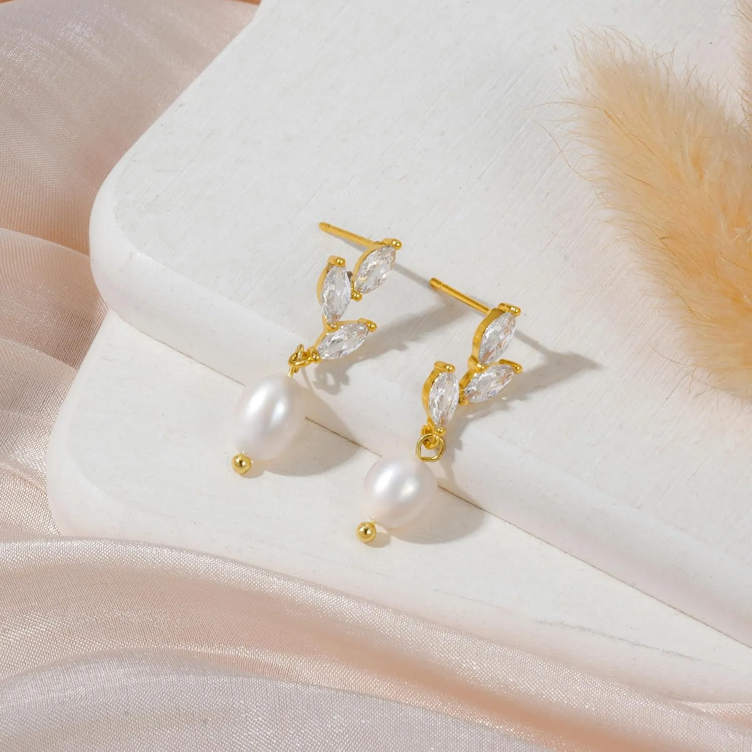 Pearl Earrings for Women - Dainty Gold Earrings Trendy 14K Gold Plated Freshwater Pearl Dangle Hoop Stud Earrings for Women Wedding Jewelry Gift for Women