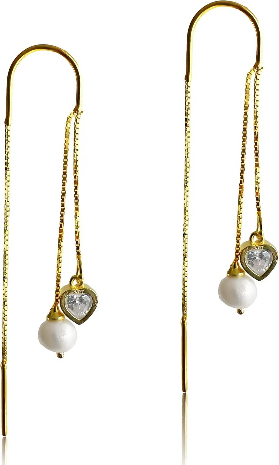 Pearl Earrings for Women - Pearl Tassel Threader Earrings 14k Gold Plated Silver Jewelry with Heart Zirconia - Real Pearl Wedding Earrings for Brides - Long Elegant Cute Drop Dangle Pearl Earring