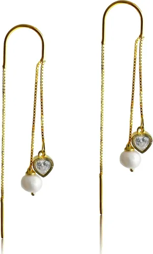 Pearl Earrings for Women - Pearl Tassel Threader Earrings 14k Gold Plated Silver Jewelry with Heart Zirconia - Real Pearl Wedding Earrings for Brides - Long Elegant Cute Drop Dangle Pearl Earring