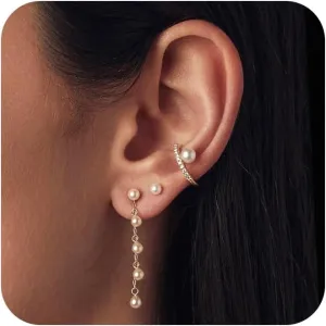 Pearl Earrings for Women, Trendy Pearl Ear Cuff Earring Set 14K Gold Plated Hypoallergenic Cartilage Earrings Small Gold Drop Hoop Huggie Earrings Diamond Stud Earrings Piercing Jewelry Gift