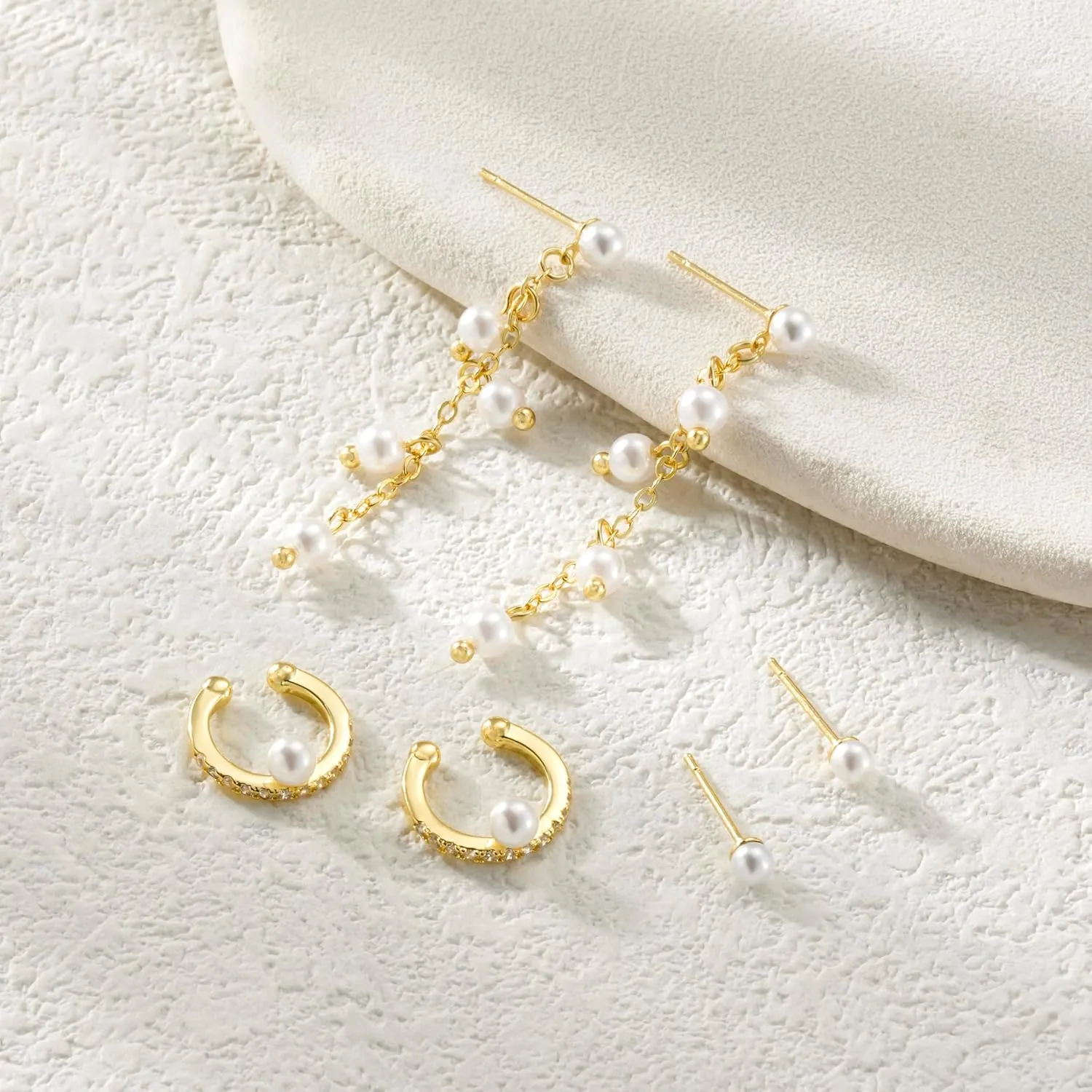 Pearl Earrings for Women, Trendy Pearl Ear Cuff Earring Set 14K Gold Plated Hypoallergenic Cartilage Earrings Small Gold Drop Hoop Huggie Earrings Diamond Stud Earrings Piercing Jewelry Gift
