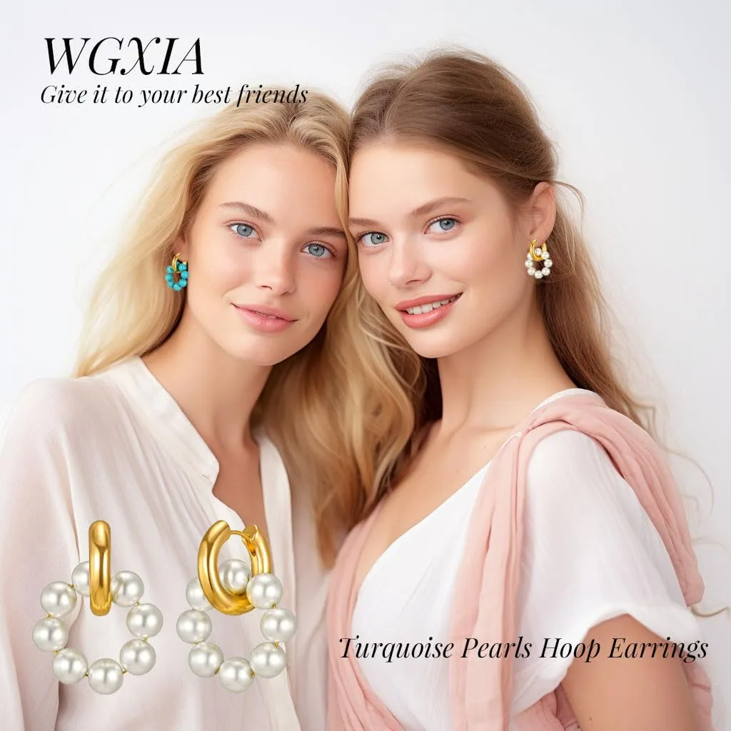 Pearl Hoop Earrings for Women WGXIA Trendy Pearls Huggie Earrings Hypoallergenic Earrings for Sensitive Ears for Mother Daughter Girlfirend Jewelly Christmas Birthday Present (Round-Pearl)