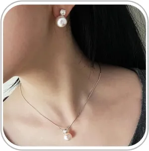 Pearl Necklace and Stud Earring Set for Women Trendy Single Pearl Pendant Necklace CZ Pearl Earrings Studs Pearl Jewelry Set for Prom Brides Bridesmaid Wedding Necklace