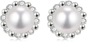 Pearl Stud Earrings for Women Small White Pearl with Cubic Zirconia Jewelry Gifts for Her