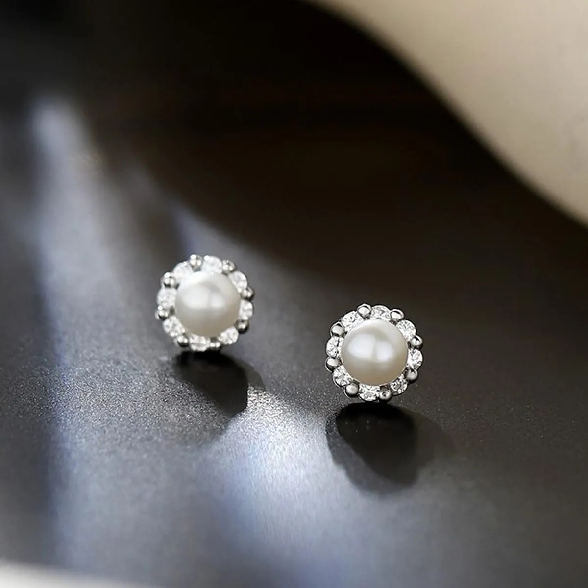 Pearl Stud Earrings for Women Small White Pearl with Cubic Zirconia Jewelry Gifts for Her