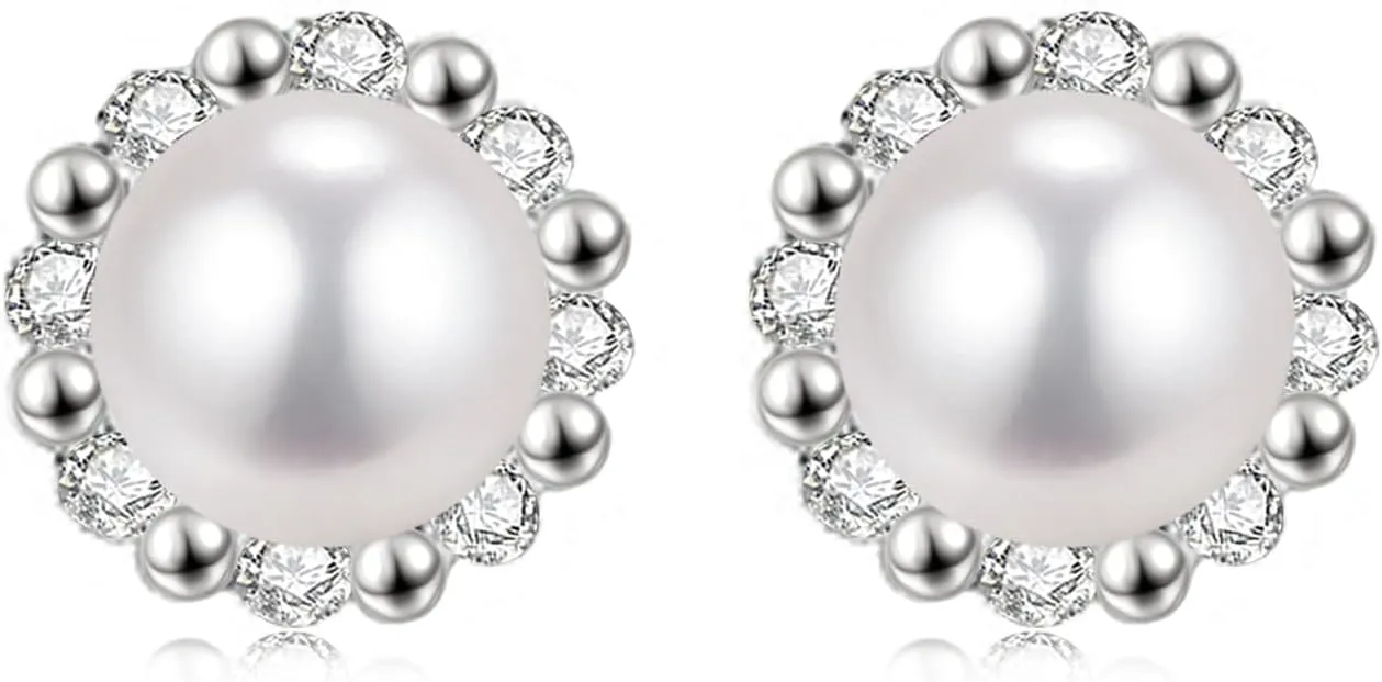 Pearl Stud Earrings for Women Small White Pearl with Cubic Zirconia Jewelry Gifts for Her