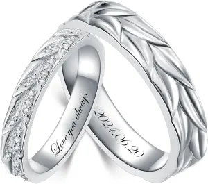 Personalized Engraved Diamond Couples Rings Wedding Band Sets For His & Hers 10K 14K 18K Gold/Sterling Silver Engagement Ring Anniversary Christmas Valentine's Day Birthday Jewelry Gift