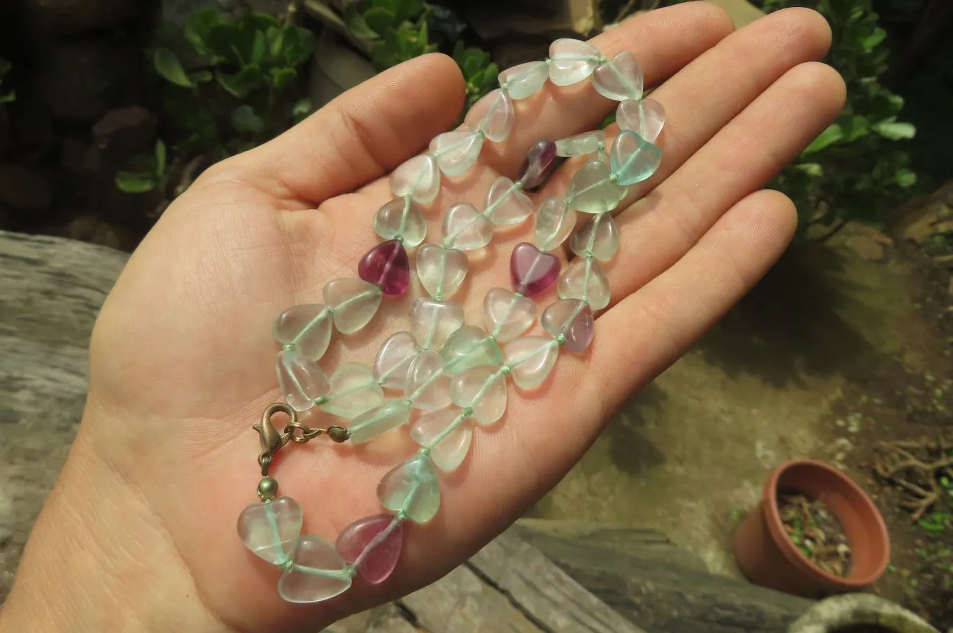 Polished Green and Purple Fluorite Gemstone Heart Necklace - Sold Per Item - From Namibia