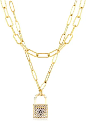 POSHFEEL Initial Lock & Heart Sharp Pendant Necklace for Women, 14K Gold Double Layer Dainty Paperclip Link Chain for Girls Jewelry