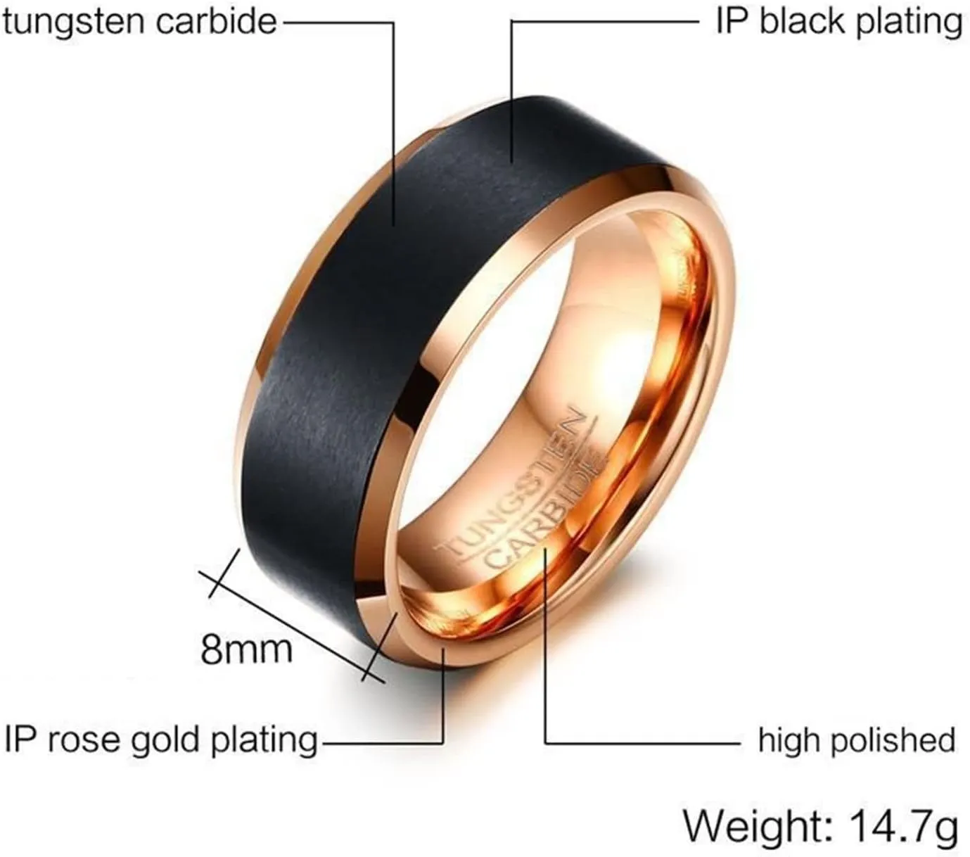 Promise Rings Custom Couple Rings for Men and Women,Tungsten Rings Wedding 8MM Black Rose Gold Ring with Brushed Round Wedding Rings Couple