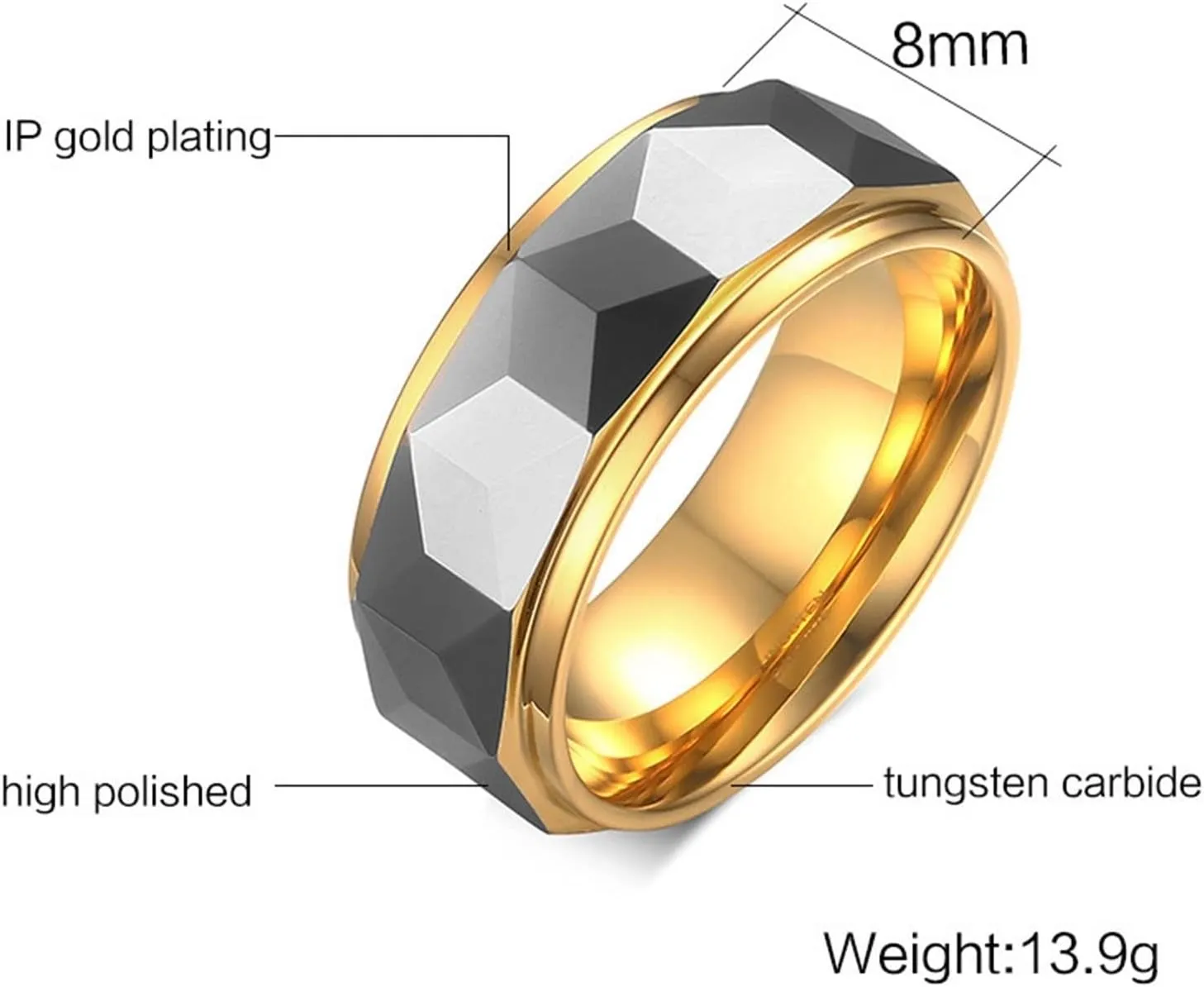 Promise Rings for Couples Set, Men Rings Tungsten Multi-Faceted Silver Gold Ring 8mm Valentine's Day Couple Rings