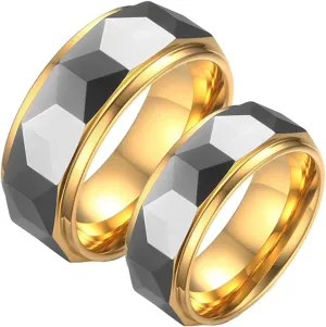Promise Rings for Couples Set, Men Rings Tungsten Multi-Faceted Silver Gold Ring 8mm Valentine's Day Couple Rings