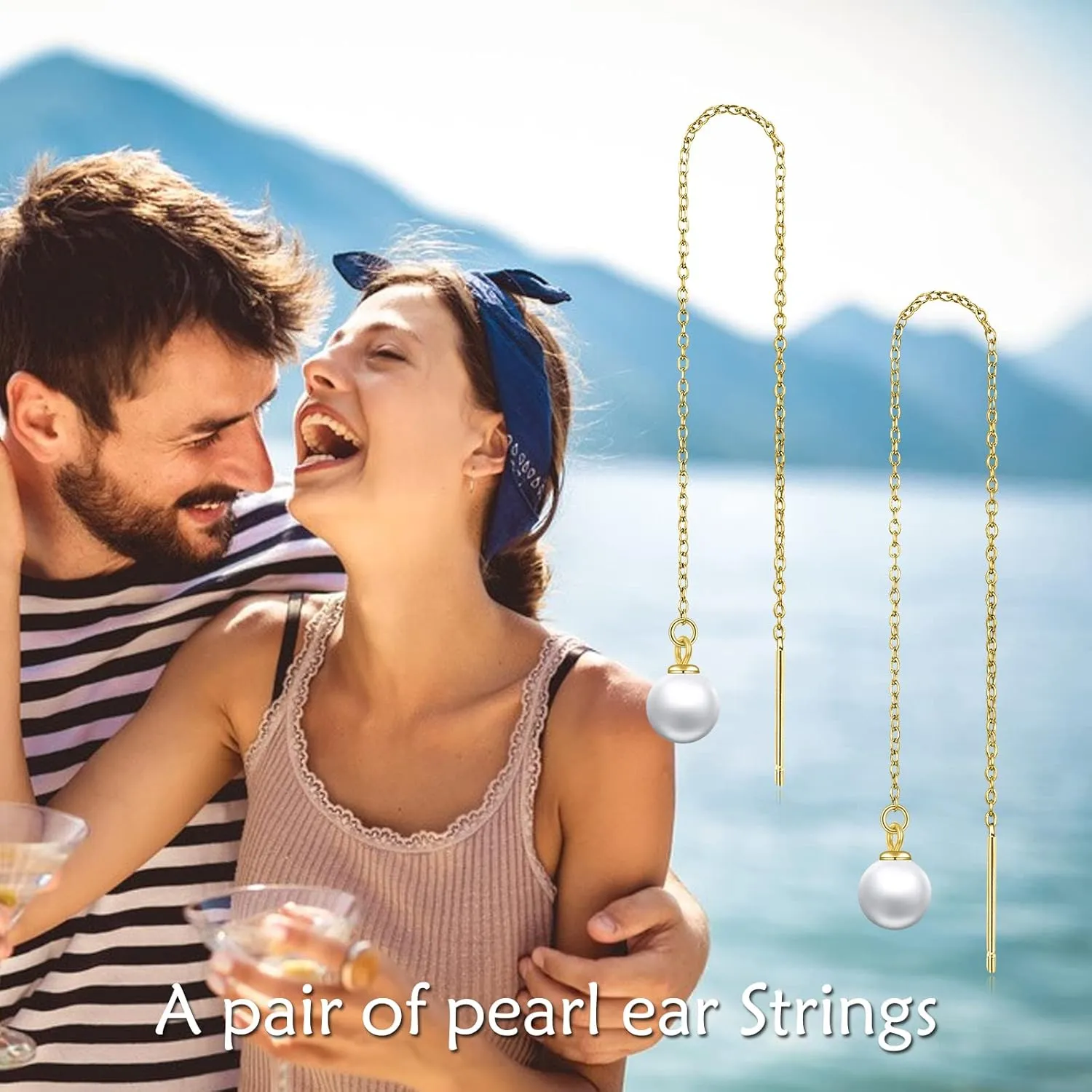 Pull Through Threader Earrings 14k/18K Real Solid Gold Long Piercing Long Pearl/Opal/Ball/Star/Cross/Twist/Teardrop Tassel Dangle Ear Line Eardrop Earrings Jewelry Gifts