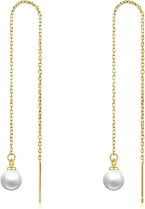 Pull Through Threader Earrings 14k/18K Real Solid Gold Long Piercing Long Pearl/Opal/Ball/Star/Cross/Twist/Teardrop Tassel Dangle Ear Line Eardrop Earrings Jewelry Gifts