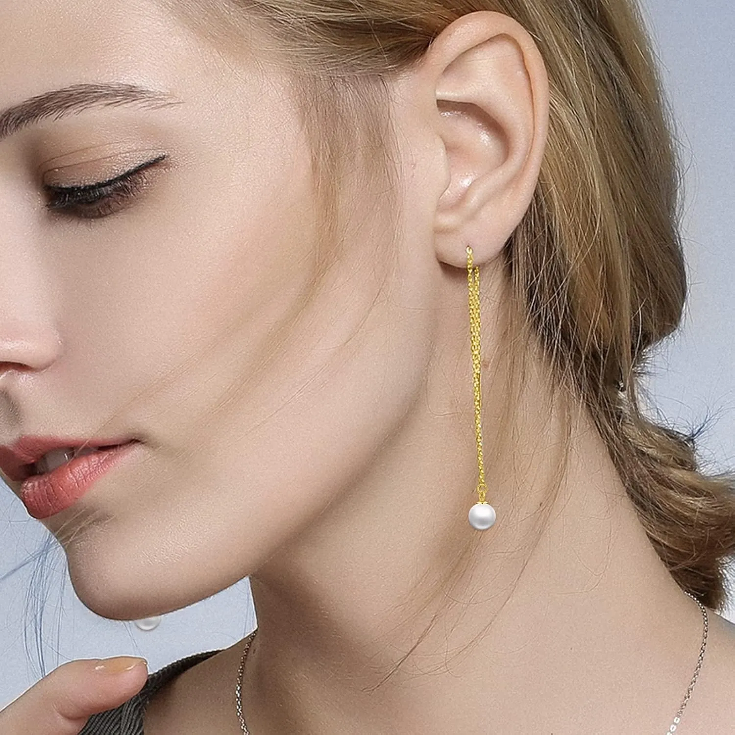 Pull Through Threader Earrings 14k/18K Real Solid Gold Long Piercing Long Pearl/Opal/Ball/Star/Cross/Twist/Teardrop Tassel Dangle Ear Line Eardrop Earrings Jewelry Gifts