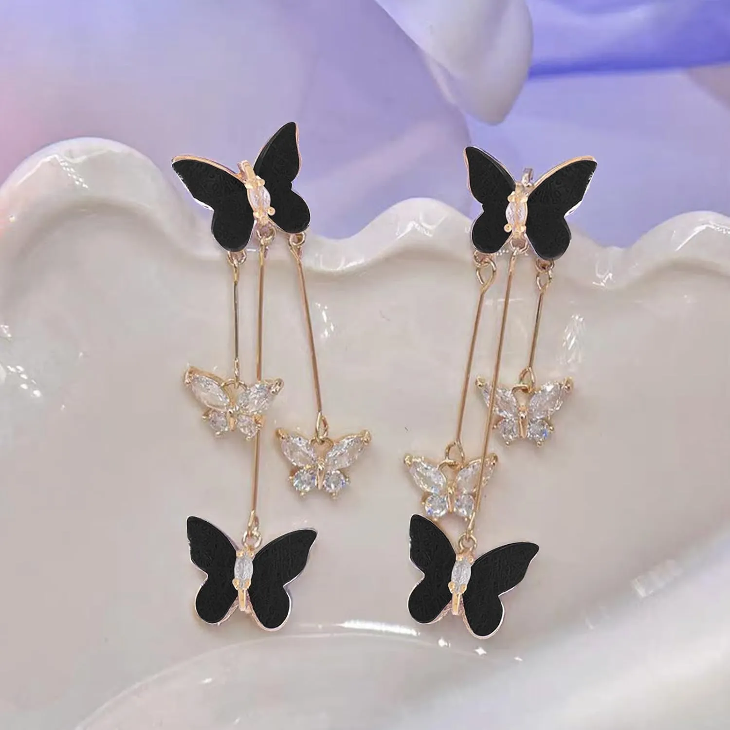 Purple Butterfly Earrings for Women Gifts Trendy Stuff Crystal Zircon Butterfly Tassel Dangle Purple Earrings Wedding Jewelry Gifts Purple Dress for Woman Outfits