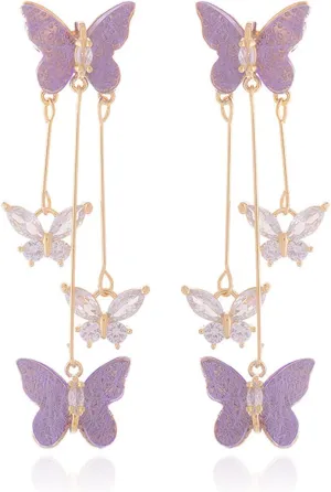 Purple Butterfly Earrings for Women Gifts Trendy Stuff Crystal Zircon Butterfly Tassel Dangle Purple Earrings Wedding Jewelry Gifts Purple Dress for Woman Outfits