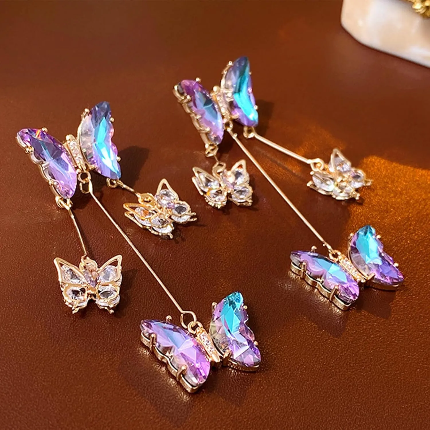 Purple Butterfly Earrings for Women Gifts Trendy Stuff Crystal Zircon Butterfly Tassel Dangle Purple Earrings Wedding Jewelry Gifts Purple Dress for Woman Outfits