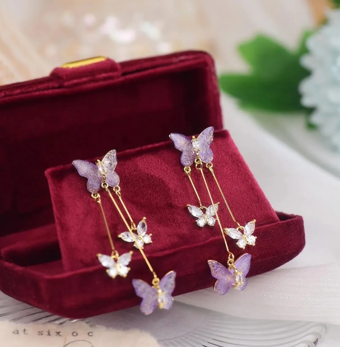 Purple Butterfly Earrings for Women Gifts Trendy Stuff Crystal Zircon Butterfly Tassel Dangle Purple Earrings Wedding Jewelry Gifts Purple Dress for Woman Outfits