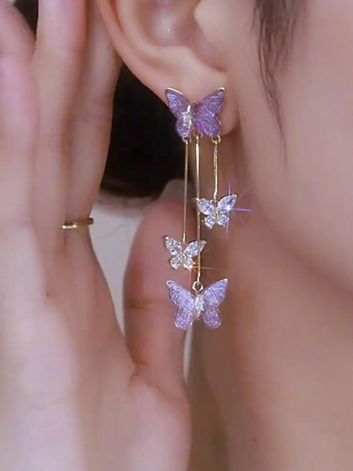 Purple Butterfly Earrings for Women Gifts Trendy Stuff Crystal Zircon Butterfly Tassel Dangle Purple Earrings Wedding Jewelry Gifts Purple Dress for Woman Outfits