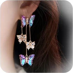 Purple Butterfly Earrings for Women Gifts Trendy Stuff Crystal Zircon Butterfly Tassel Dangle Purple Earrings Wedding Jewelry Gifts Purple Dress for Woman Outfits
