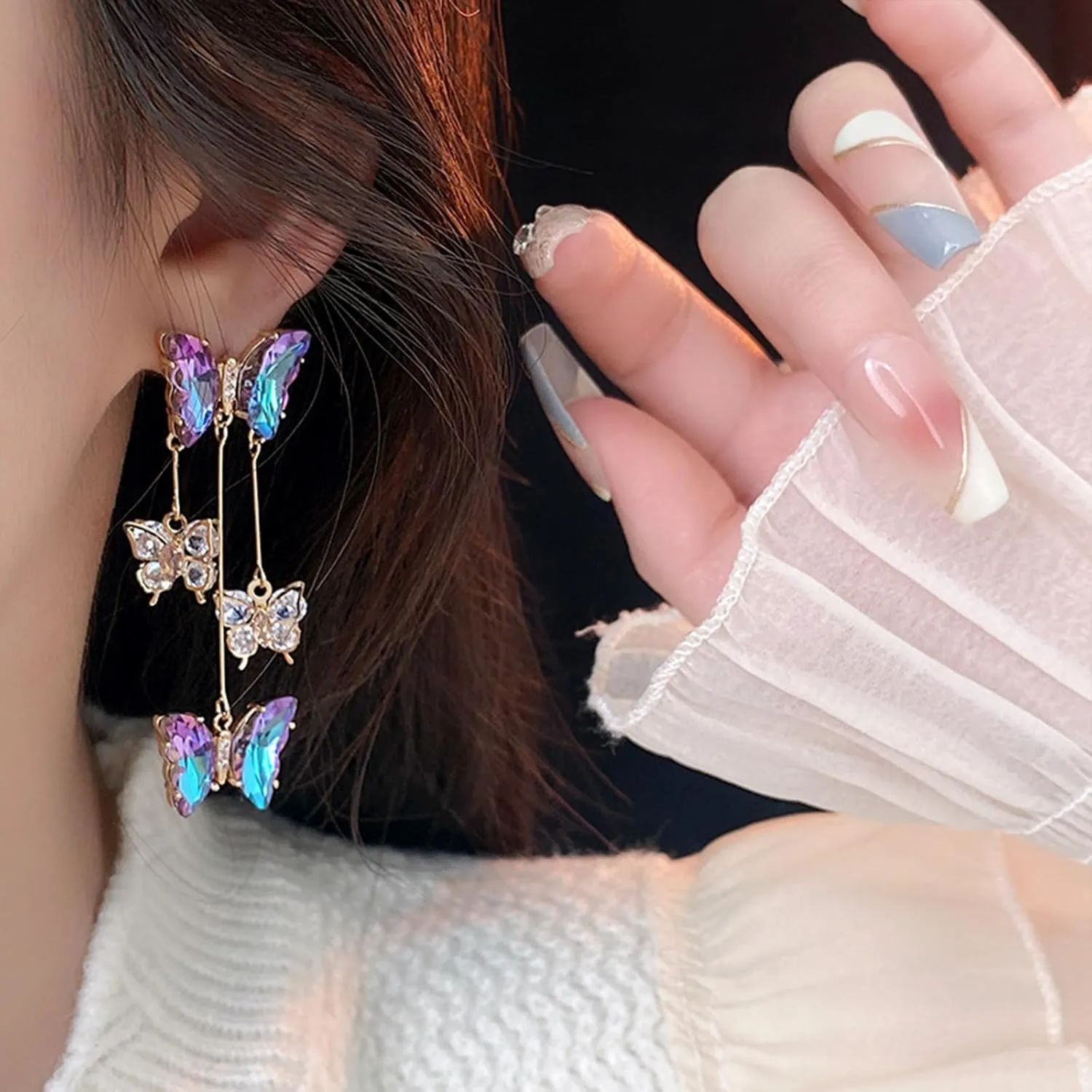 Purple Butterfly Earrings for Women Gifts Trendy Stuff Crystal Zircon Butterfly Tassel Dangle Purple Earrings Wedding Jewelry Gifts Purple Dress for Woman Outfits