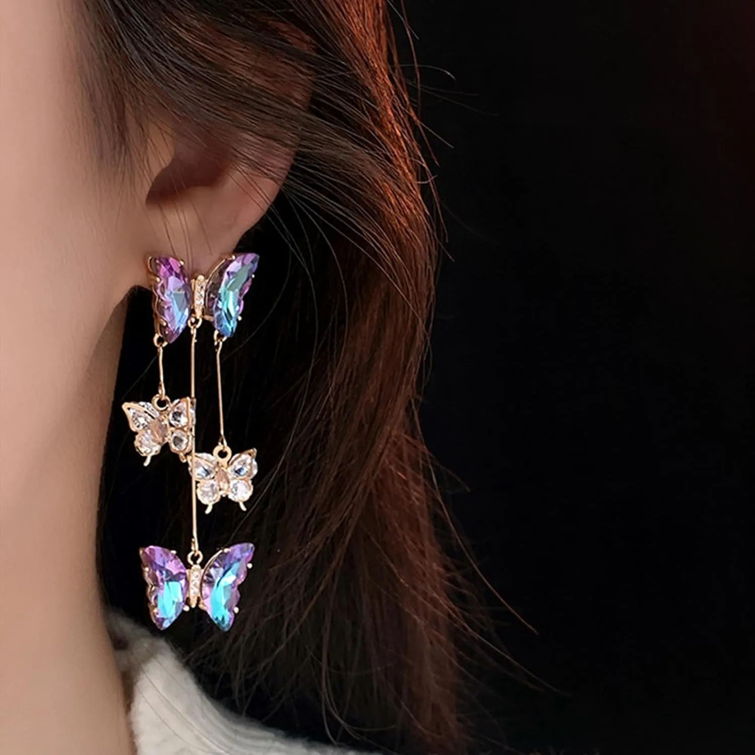 Purple Butterfly Earrings for Women Gifts Trendy Stuff Crystal Zircon Butterfly Tassel Dangle Purple Earrings Wedding Jewelry Gifts Purple Dress for Woman Outfits