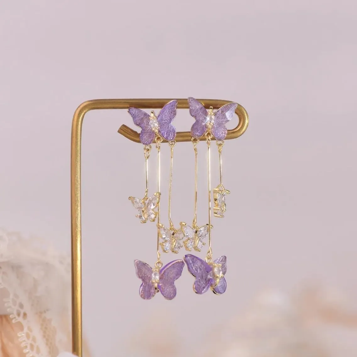 Purple Butterfly Earrings for Women Gifts Trendy Stuff Crystal Zircon Butterfly Tassel Dangle Purple Earrings Wedding Jewelry Gifts Purple Dress for Woman Outfits