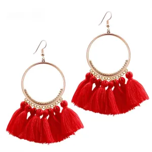 QUPENGXU Statement Tassel Colorful Fan Shape Earrings Geometric Hoop Bohemian Handmade Earrings For Women