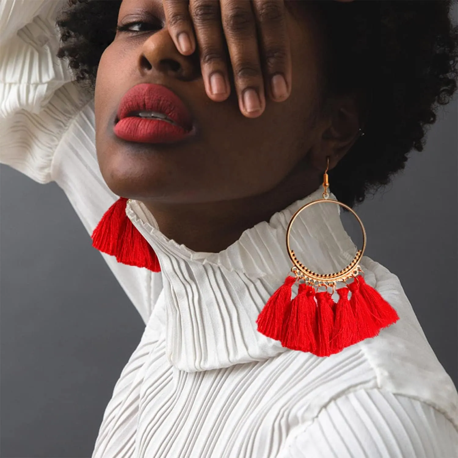 QUPENGXU Statement Tassel Colorful Fan Shape Earrings Geometric Hoop Bohemian Handmade Earrings For Women